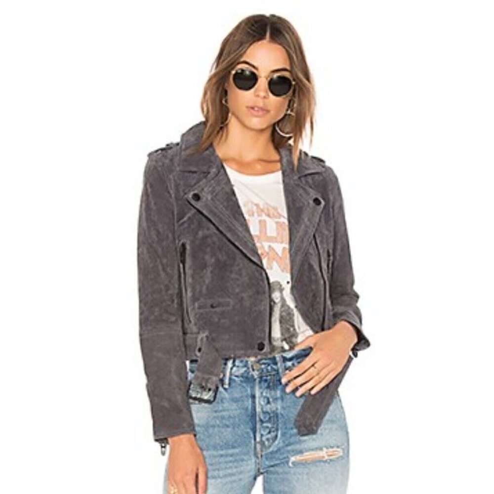 New BlankNYC Stargazer Dark Grey Suede Moto Jacket Womens L Cropped Leather